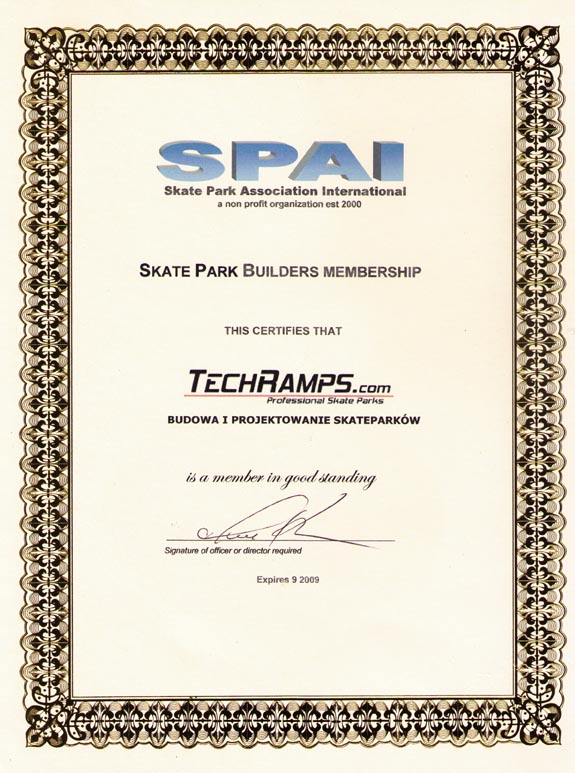 Certyfikat wydany dla Techramps przez SPAI - Skate Park Association International