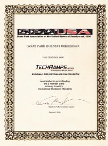Certyfikat wydany dla Techramps przez SPAUSA - Skate Park Association of the United States of America