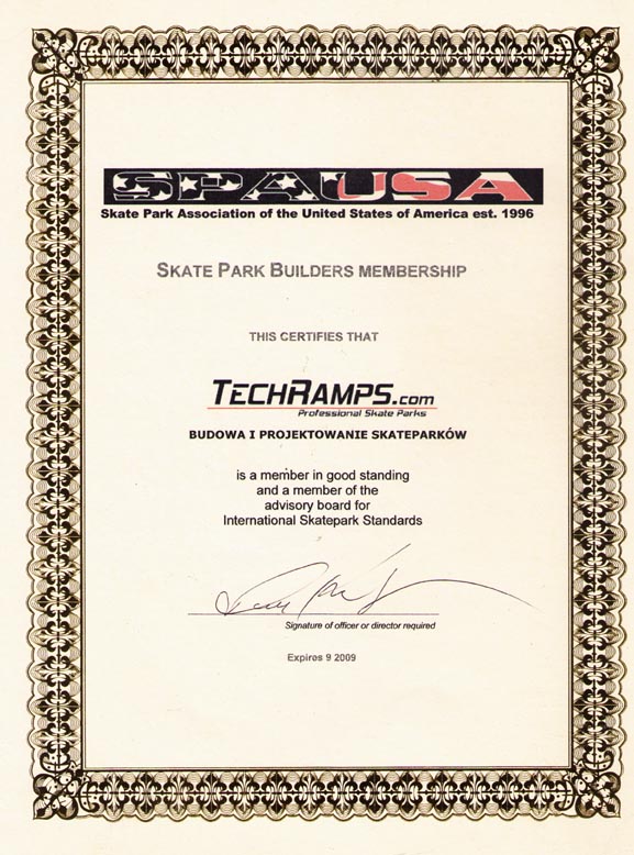 Certyfikat wydany dla Techramps przez SPAUSA - Skate Park Association of the United States of America